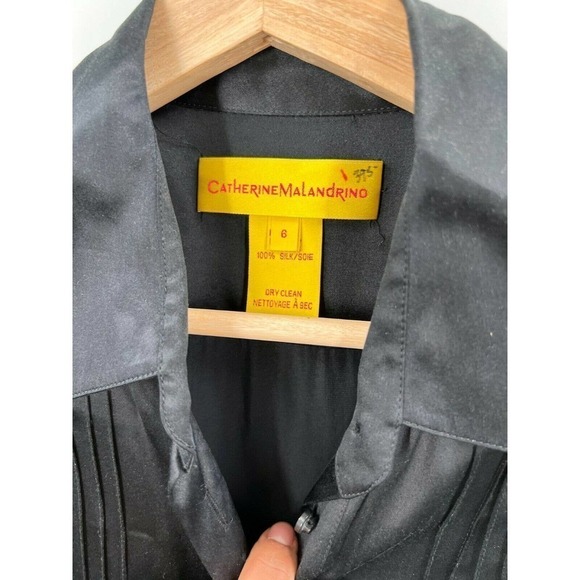 Catherine Malandrino 100% Silk Black Satin Dress 3/4 Sleeve Button Front Size 6 - Picture 7 of 7